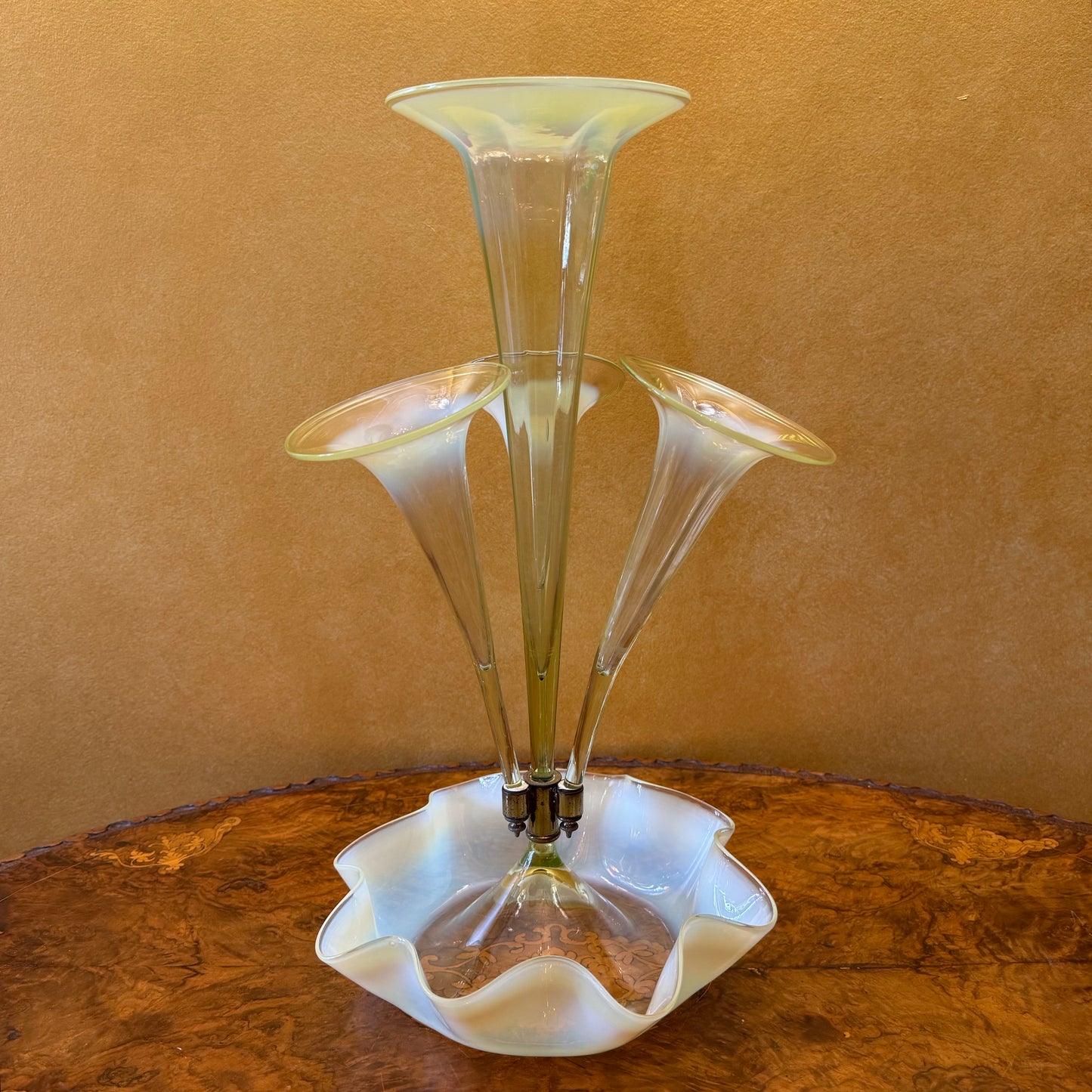 Antique 19th Century Green Uranium Opalescent Art Glass Trumpet Epergne