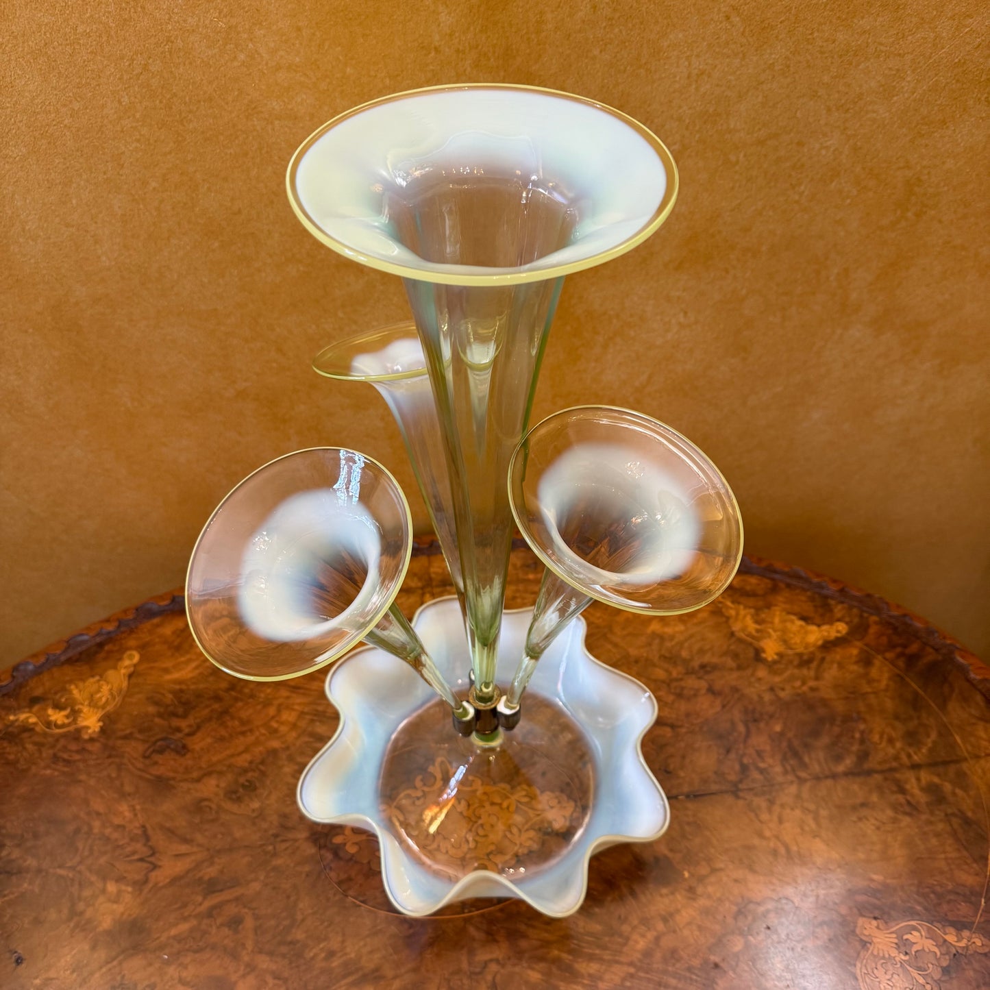 Antique 19th Century Green Uranium Opalescent Art Glass Trumpet Epergne