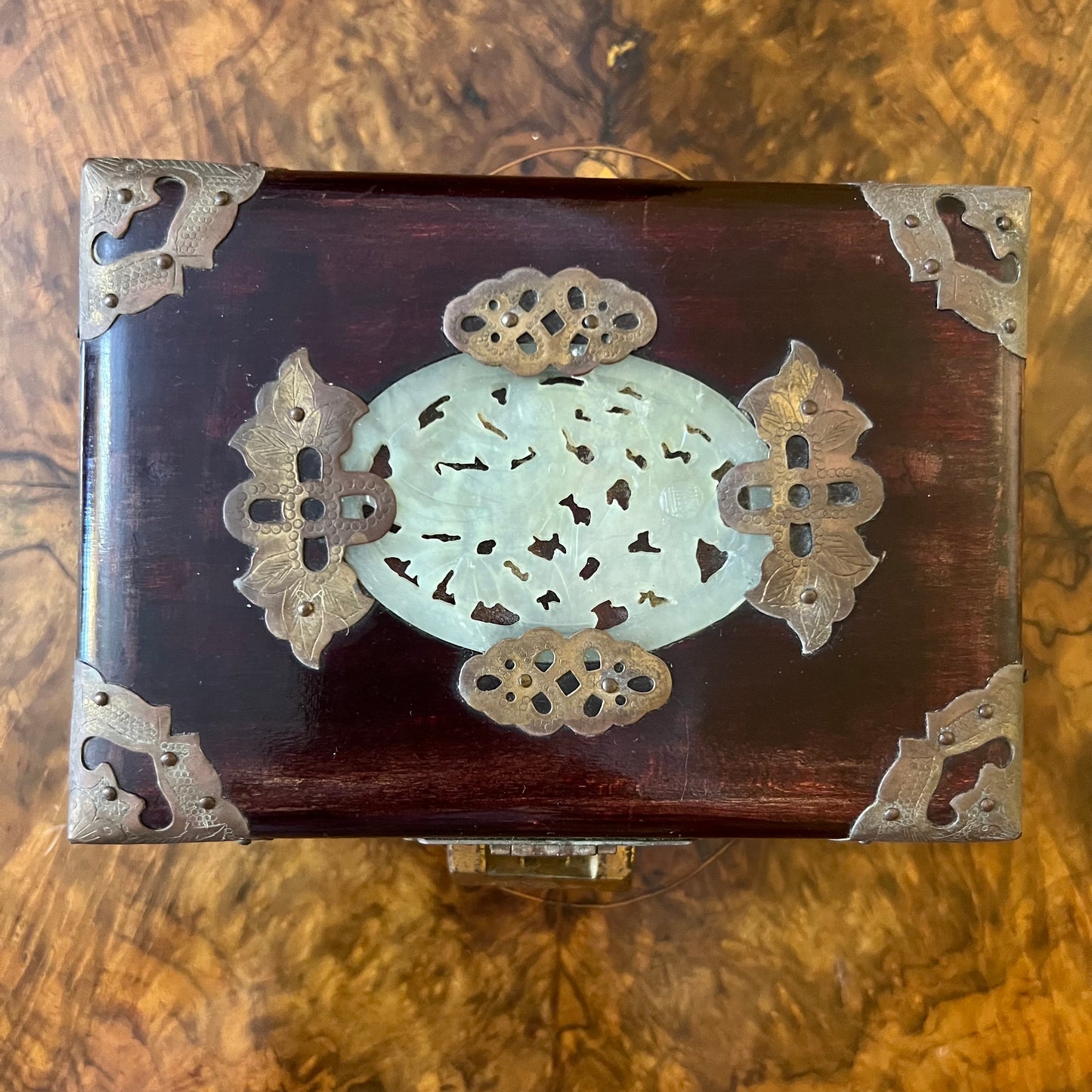 Vintage Rosewood Jade Brass Jewellery Box With Key