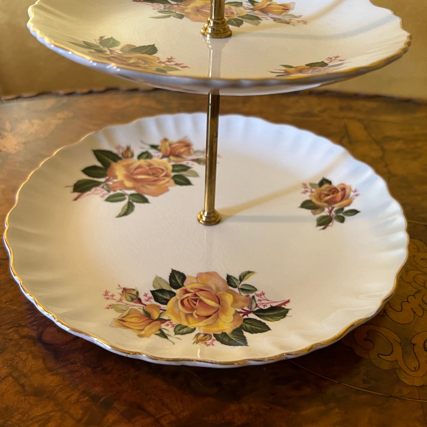 Vintage James Kent Old Foley Yellow Rose 2 Tier Cake Plate