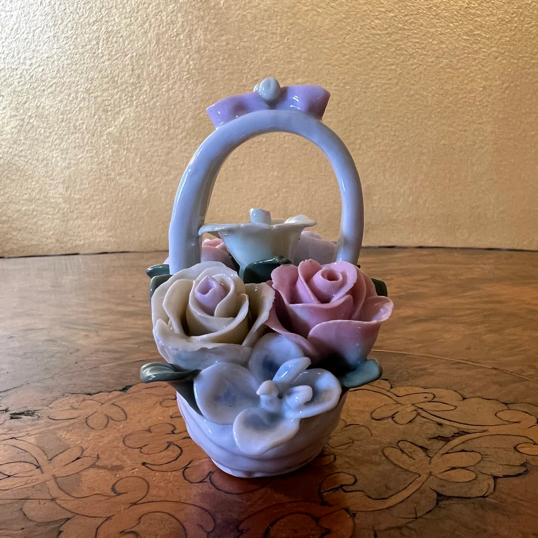 Vintage Porcelain Rose Basket Ornament