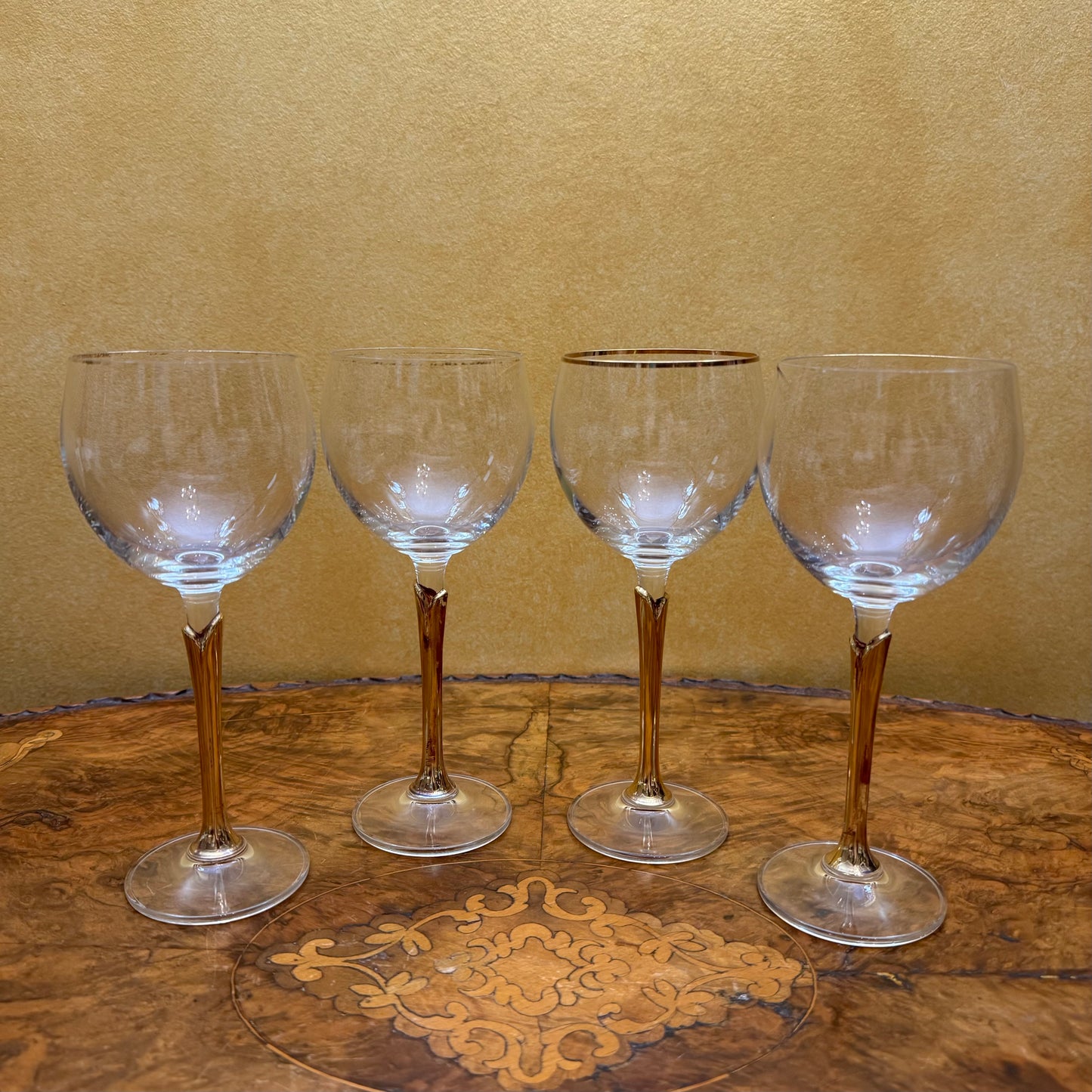 Vintage Crystal Gold Tulip Stem Wine Glasses Set Of Four