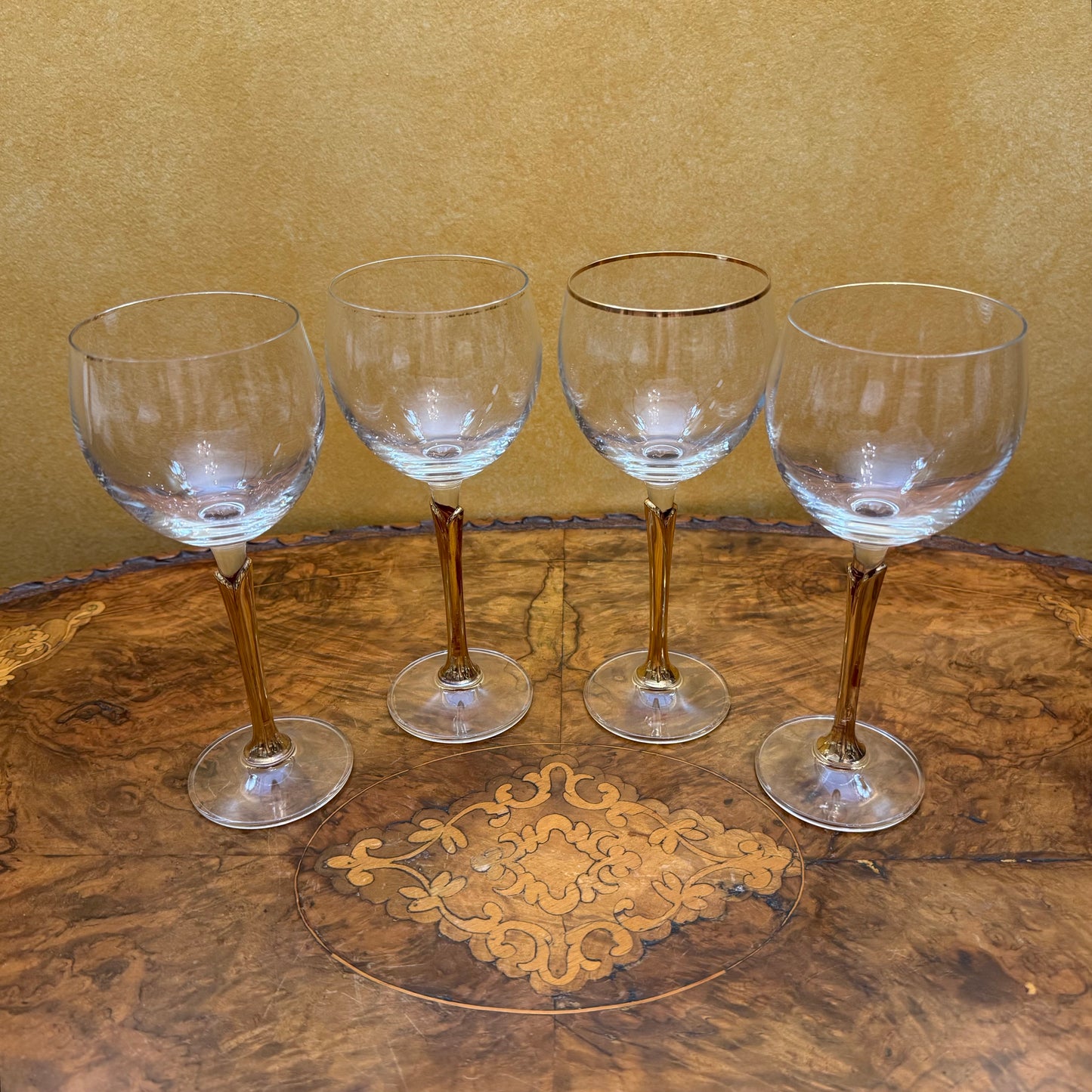 Vintage Crystal Gold Tulip Stem Wine Glasses Set Of Four