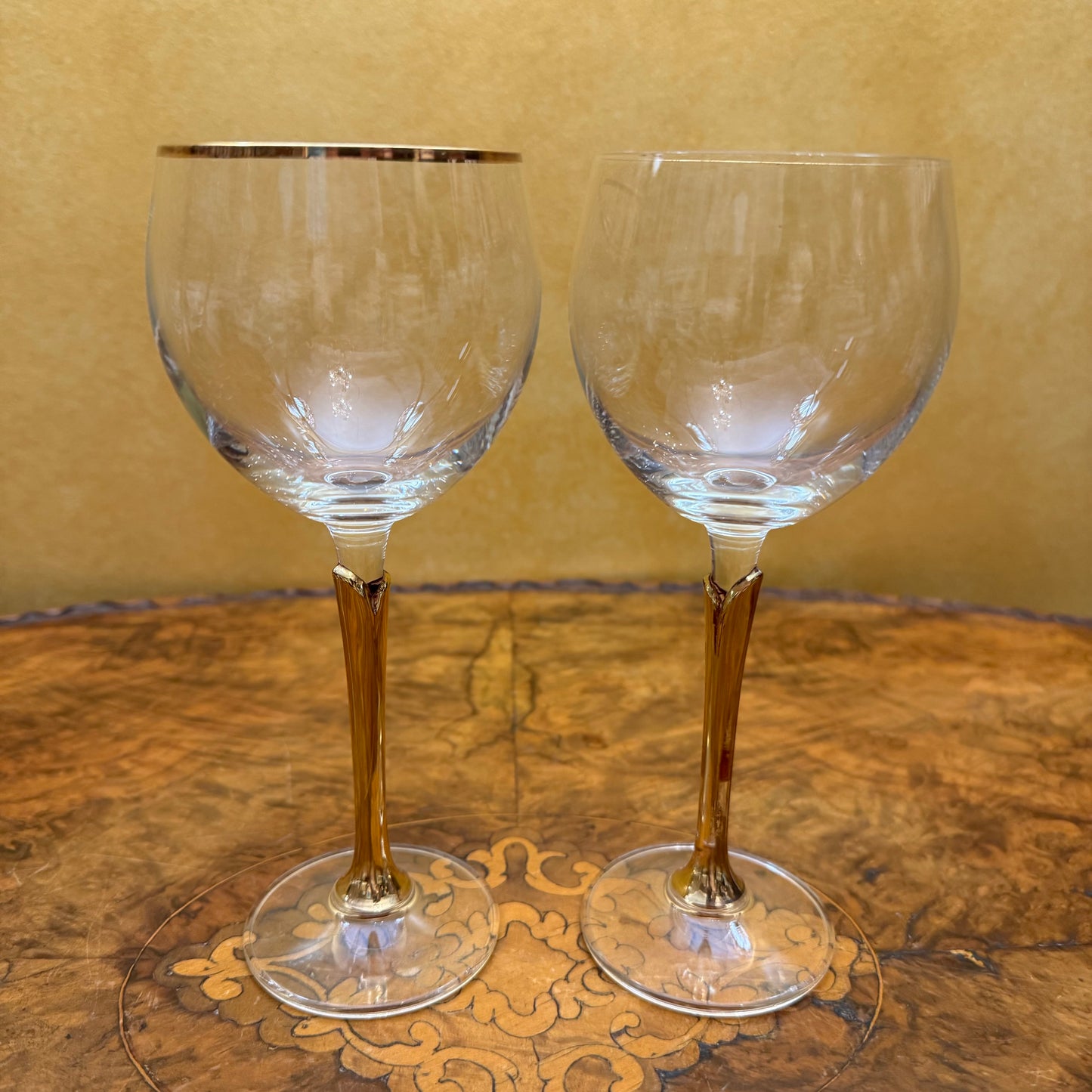 Vintage Crystal Gold Tulip Stem Wine Glasses Set Of Four