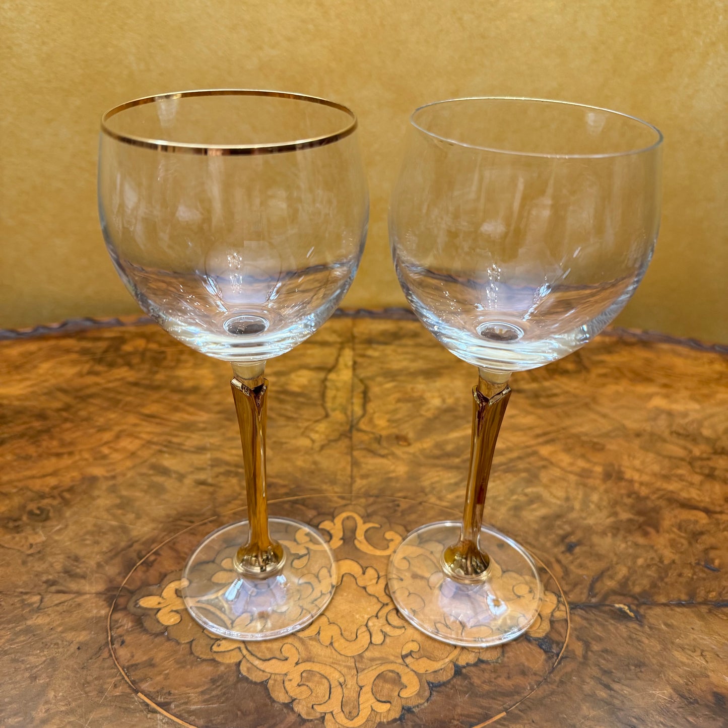 Vintage Crystal Gold Tulip Stem Wine Glasses Set Of Four