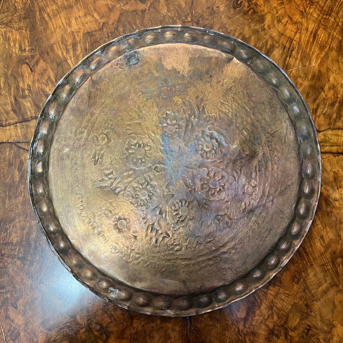 Vintage Brass Floral Engraved Round Tray