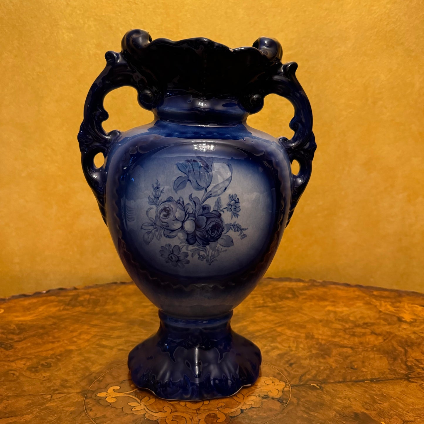 Blue Ceramic Scroll Handles Vase