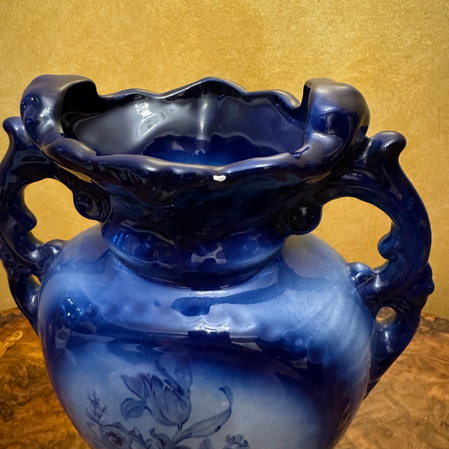 Blue Ceramic Scroll Handles Vase