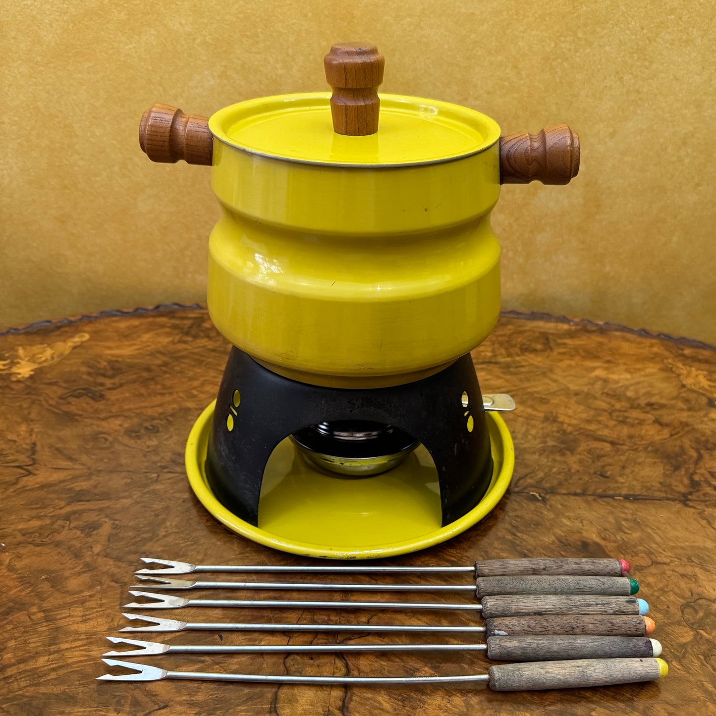 Vintage Yellow Fondue Pot Set With Skewers