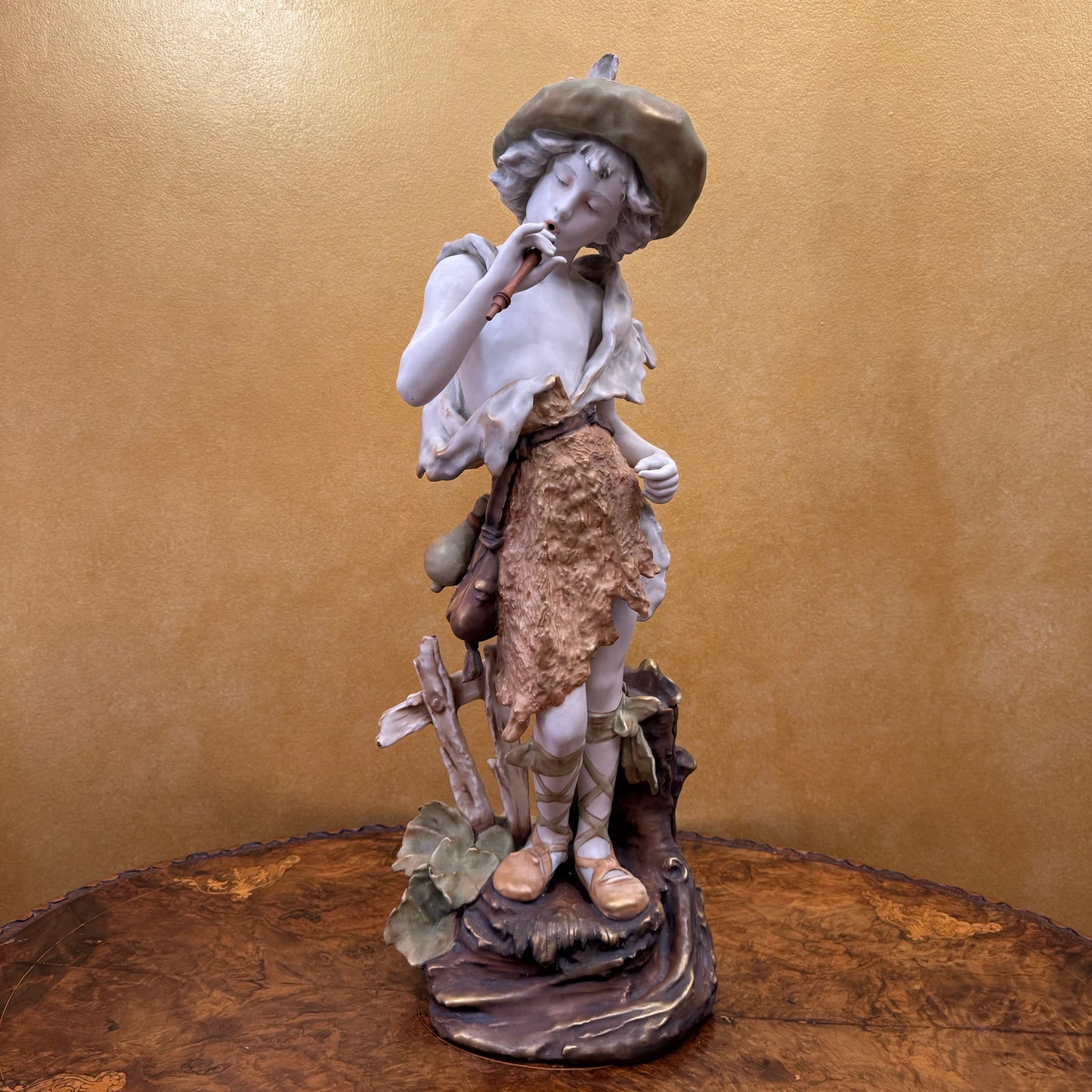 Antique 19th Century Turin Teplitz Young Boy With Pipe Ceramic Large Figure
