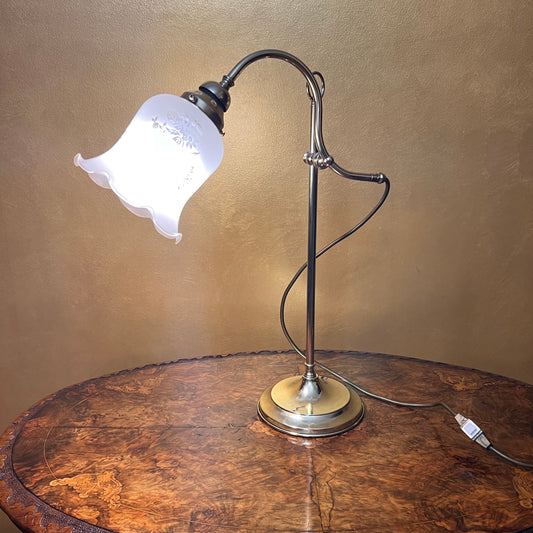 Vintage Brass Glass Shade Adjustable Lamp