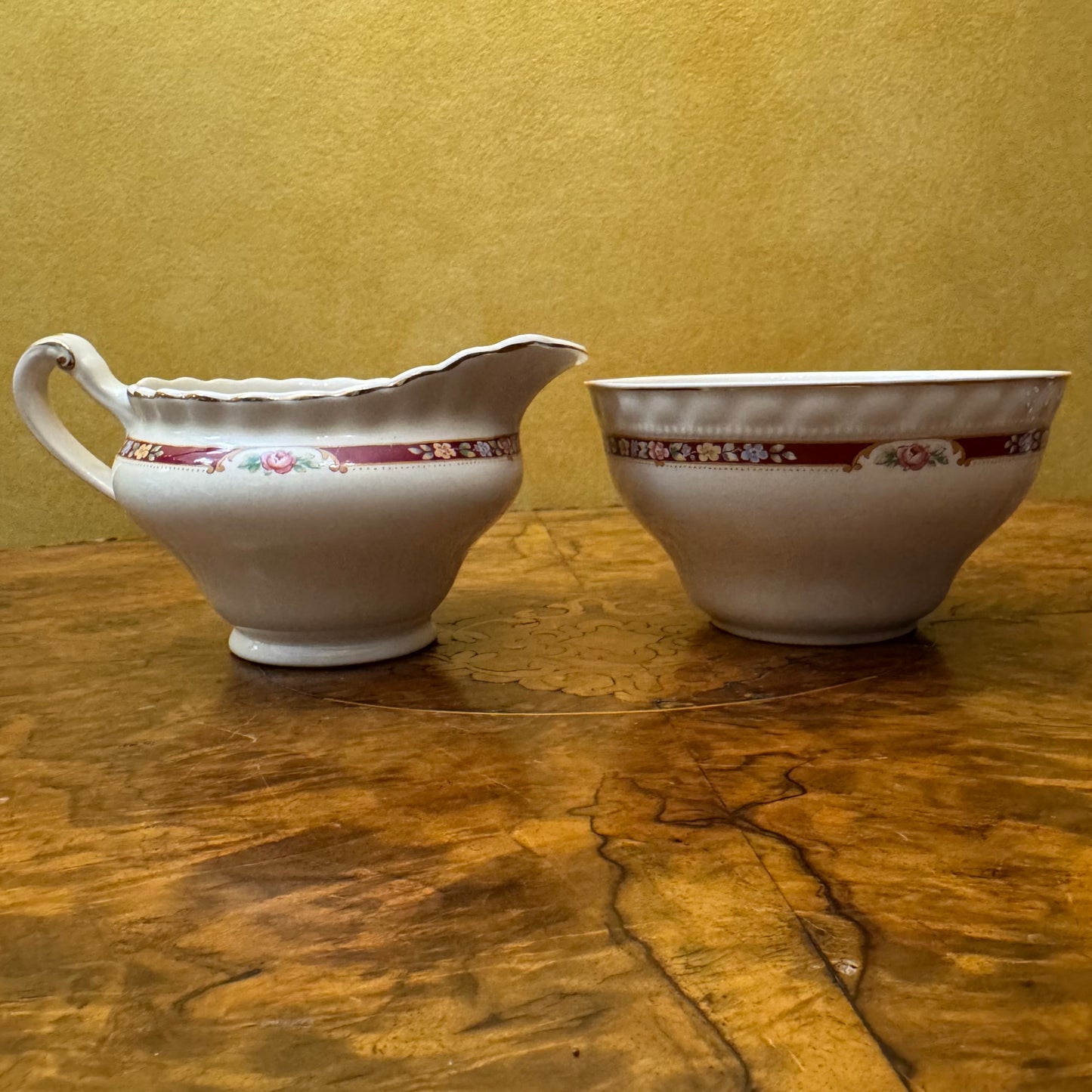 Vintage J & G Meakin Floral Border Print Milk Jug Creamer & Sugar Bowl