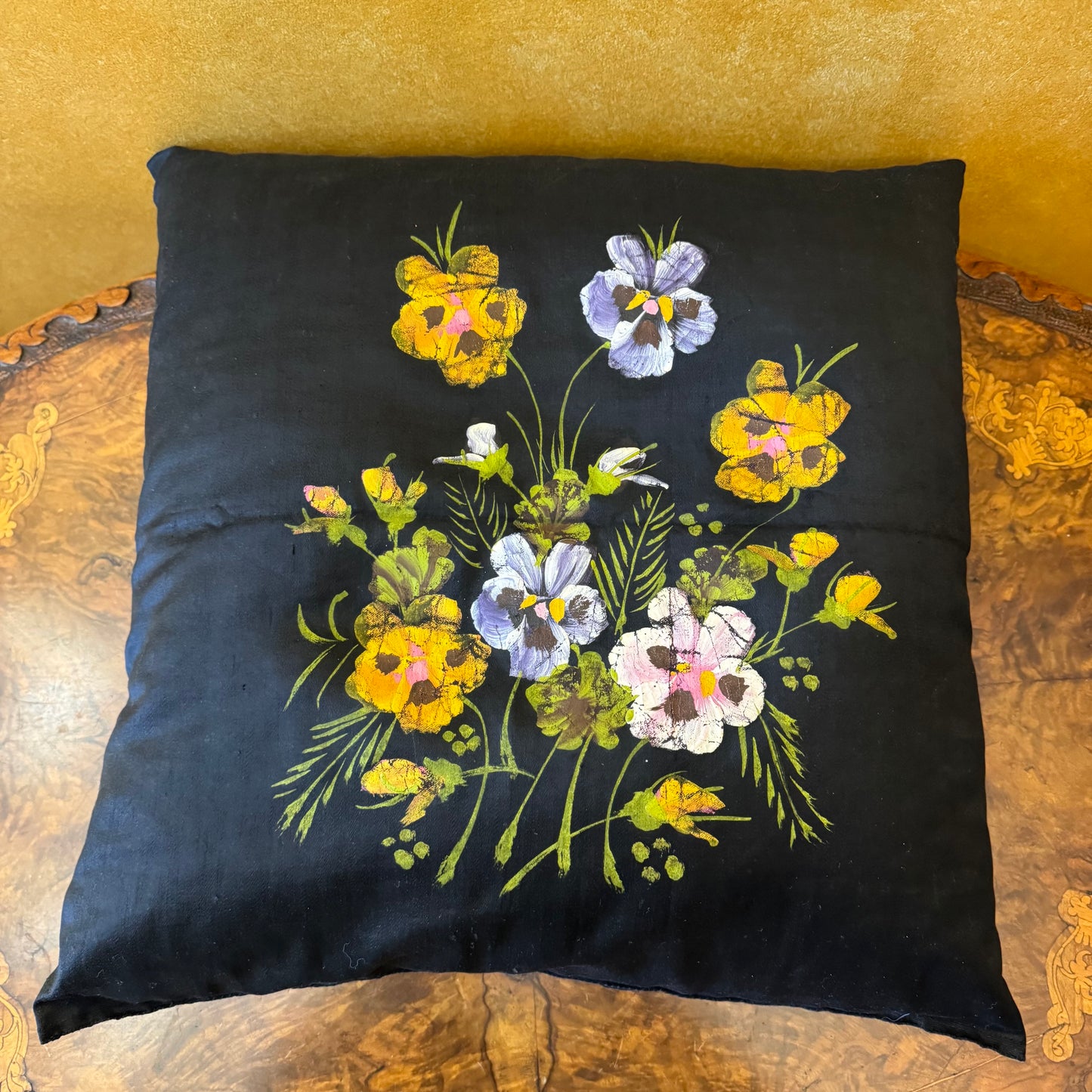 Black Floral Print Square Pillow