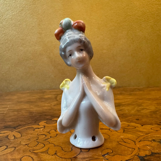 Antique 1920s Porcelain Half Doll Pin Cushion