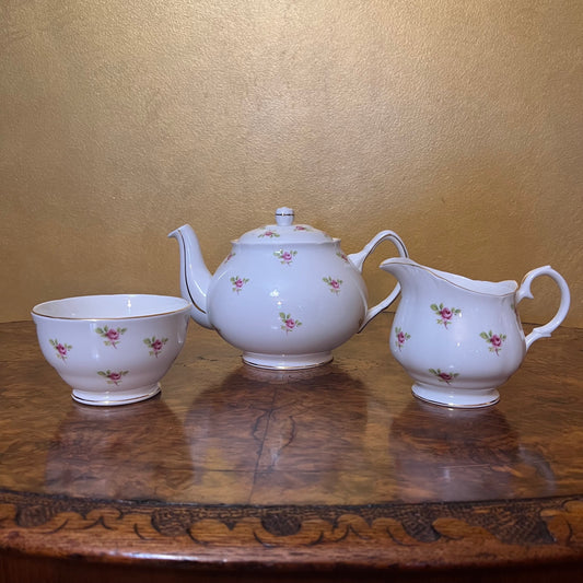 Vintage Duchess Rose Print Tea Pot, Milk & Sugar Set