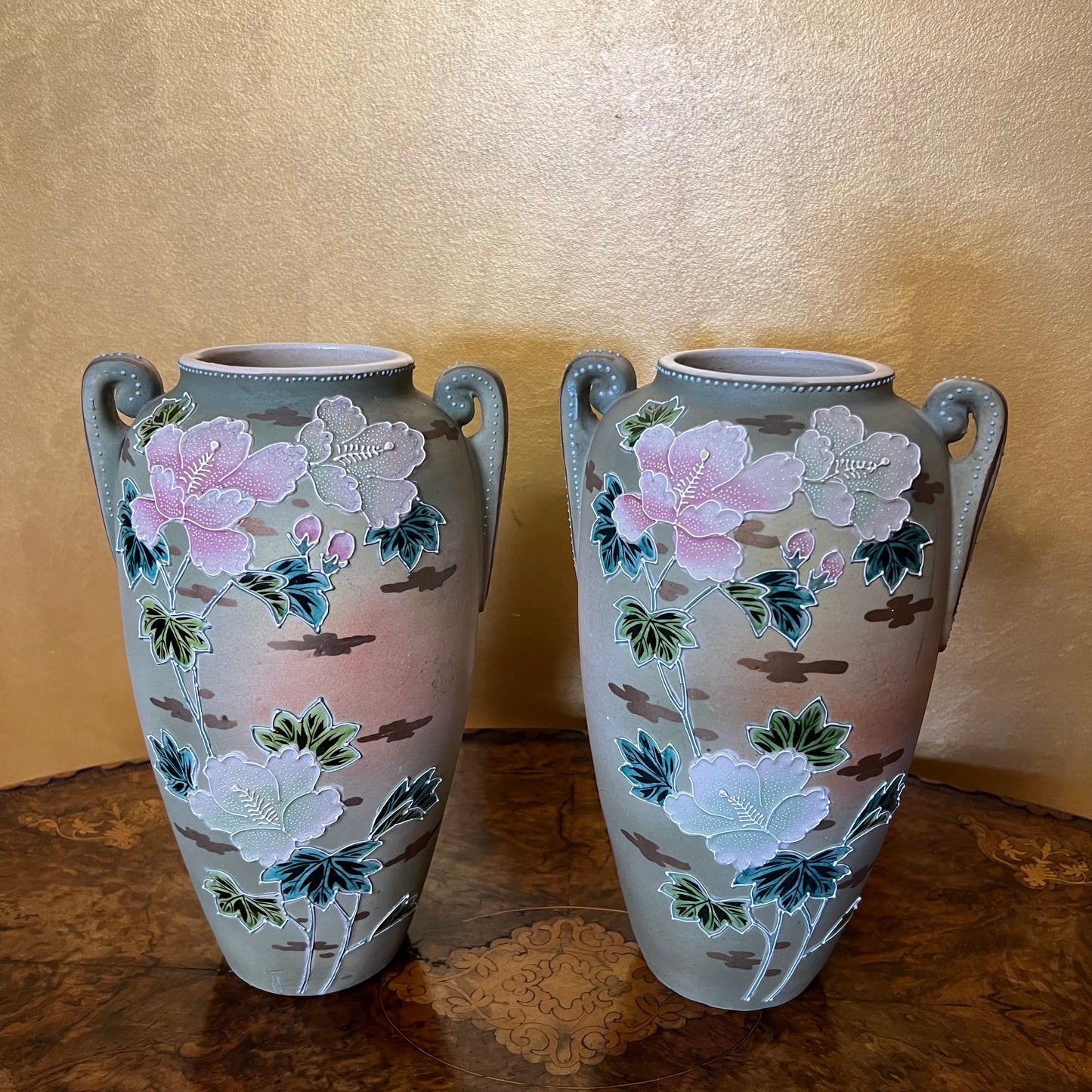 Vintage Japanese Large Floral Vase Pair
