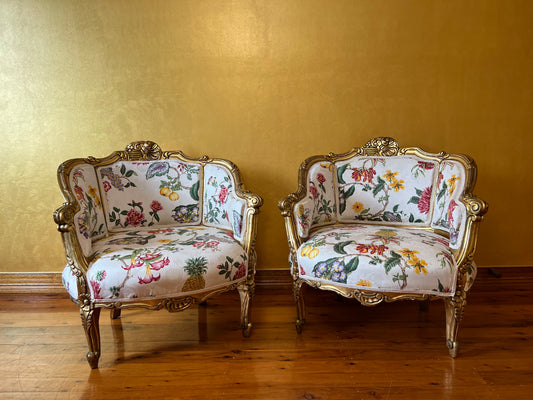 Antique French Gold Gilt Bergees Tub Chairs Pair
