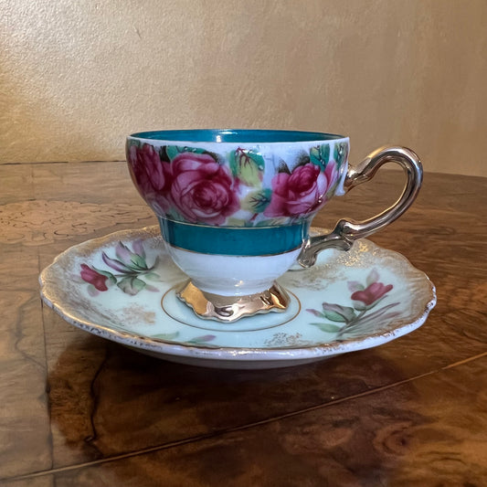 Vintage Japanese Rose Print Small Tea Cup & Saucer