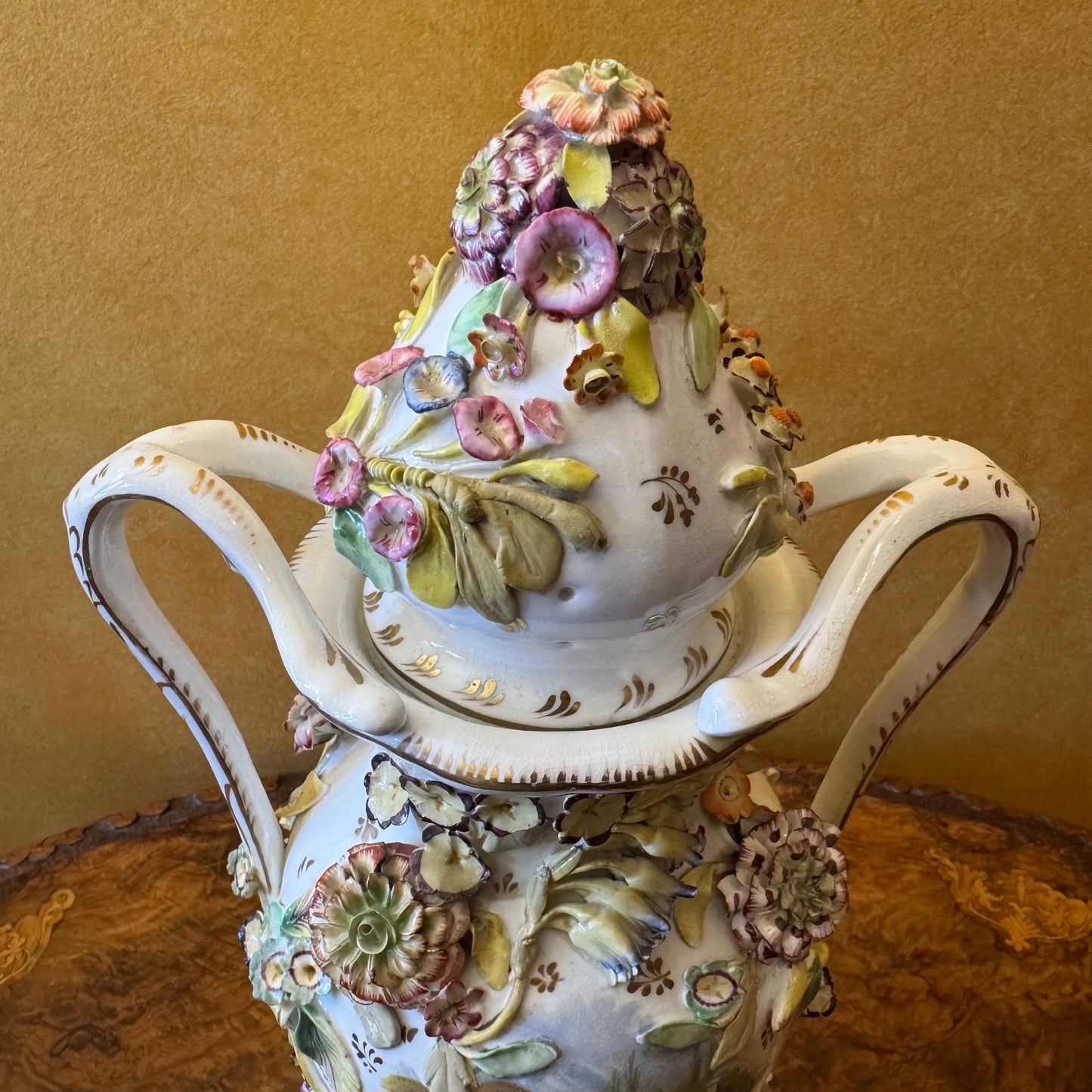 Antique Large Applied Flowers Hand-Painted Scene Twin Handles Vase Lid