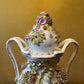 Antique Large Applied Flowers Hand-Painted Scene Twin Handles Vase Lid