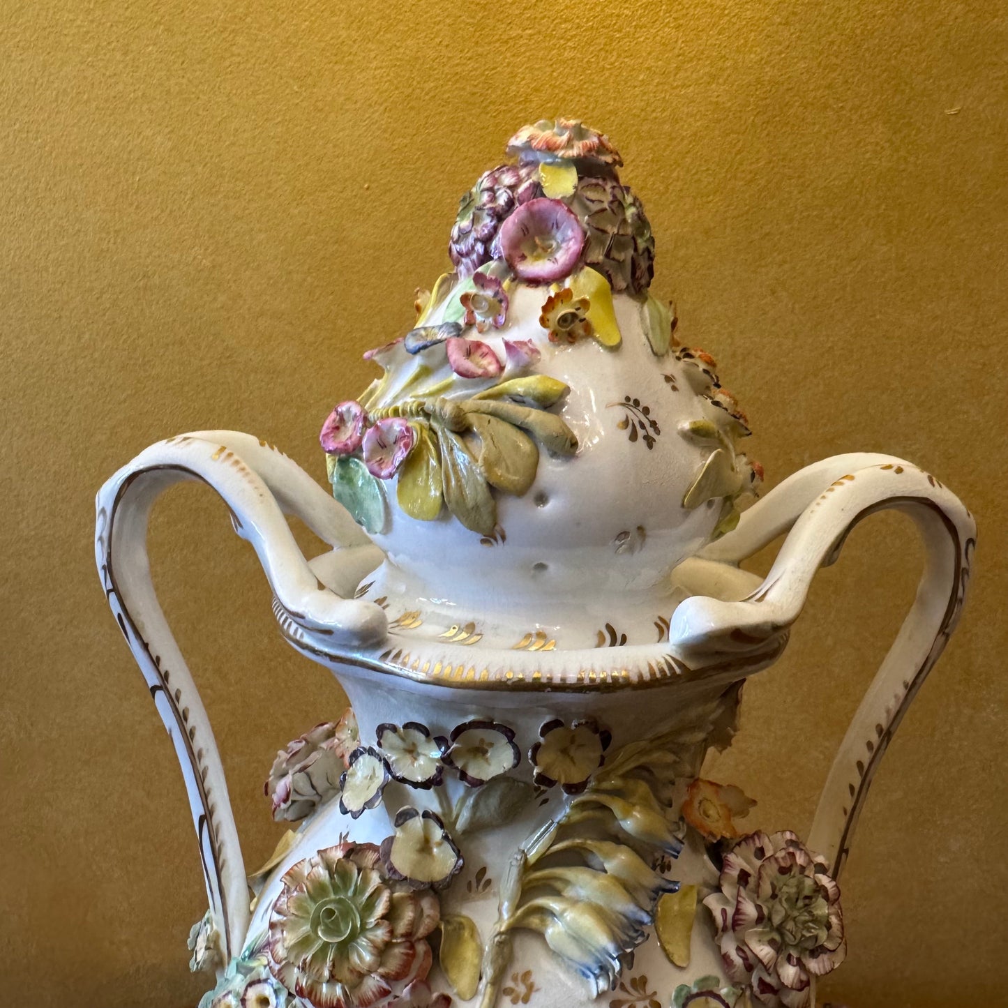 Antique Large Applied Flowers Hand-Painted Scene Twin Handles Vase Lid