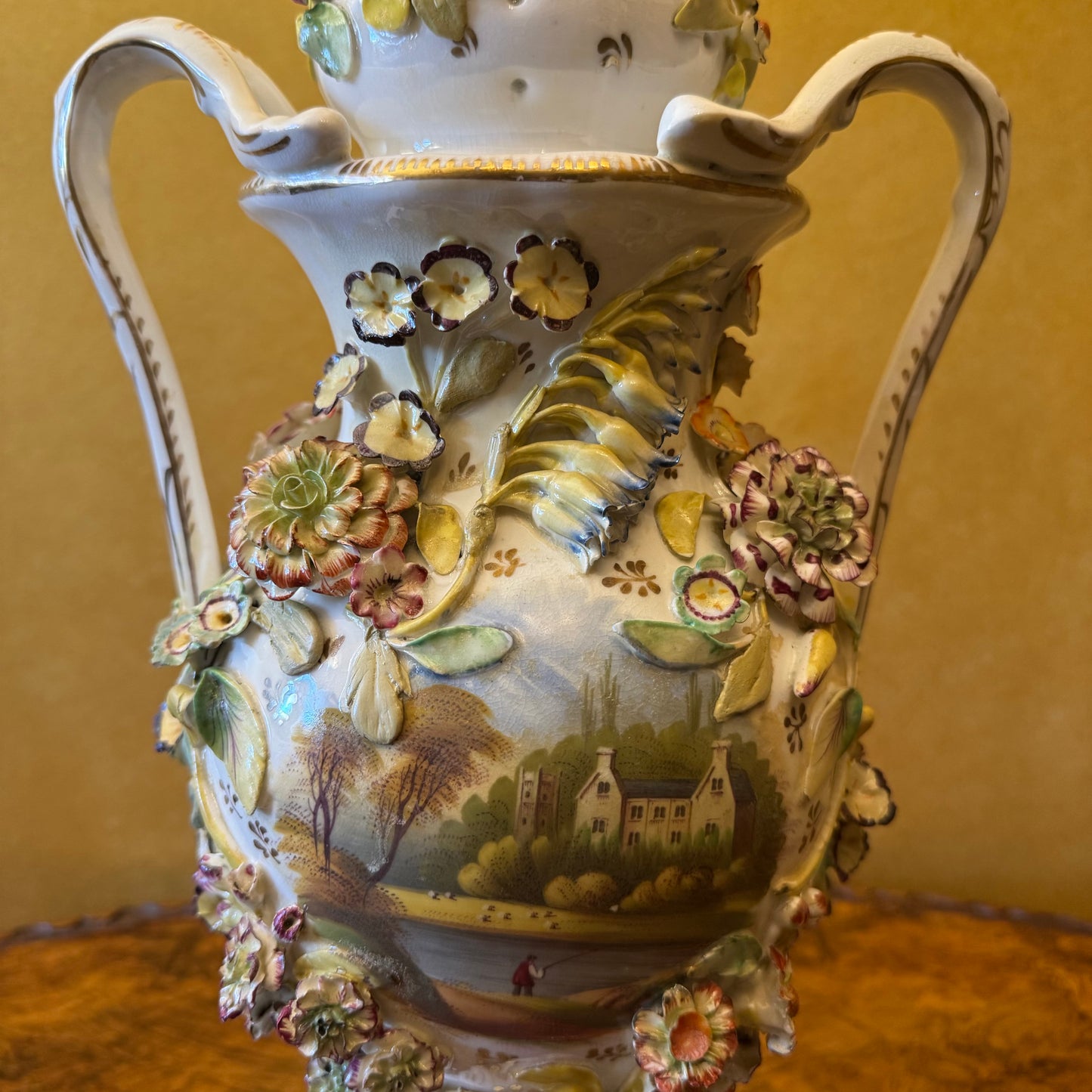 Antique Large Applied Flowers Hand-Painted Scene Twin Handles Vase Lid