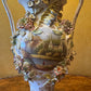 Antique Large Applied Flowers Hand-Painted Scene Twin Handles Vase Lid