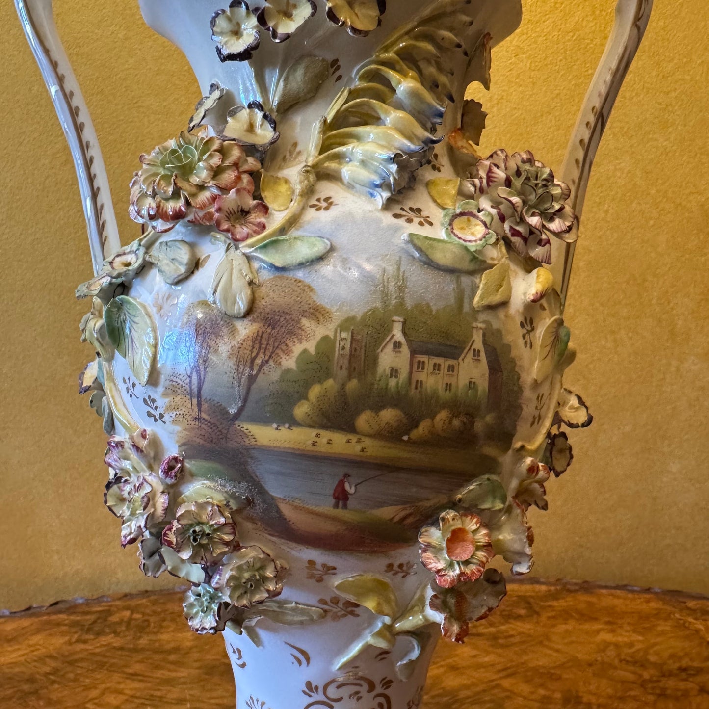 Antique Large Applied Flowers Hand-Painted Scene Twin Handles Vase Lid