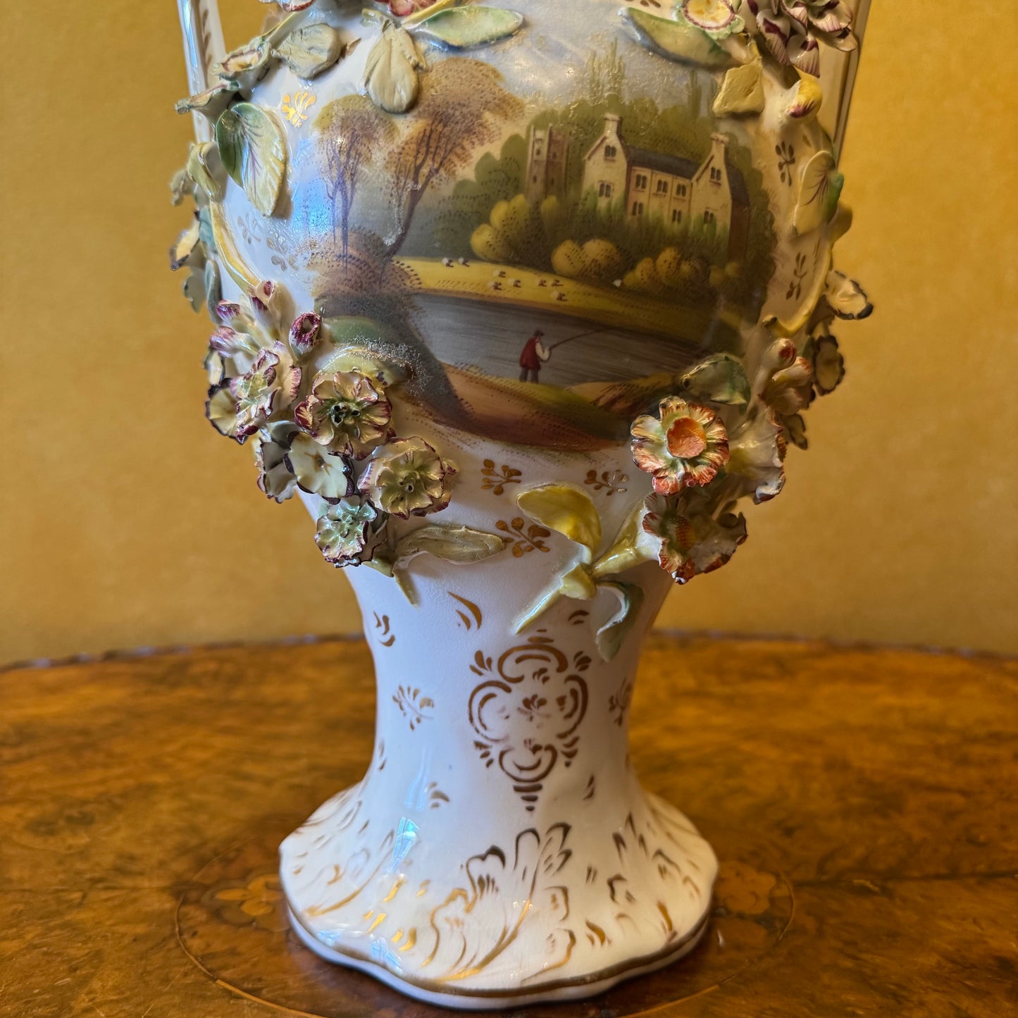 Antique Large Applied Flowers Hand-Painted Scene Twin Handles Vase Lid