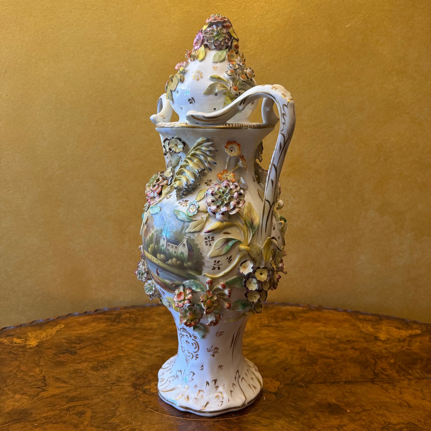 Antique Large Applied Flowers Hand-Painted Scene Twin Handles Vase Lid