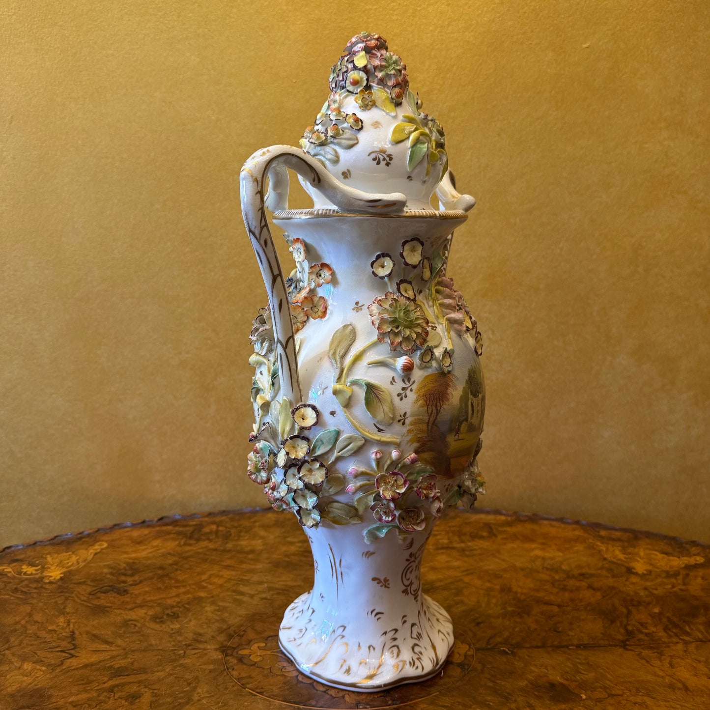 Antique Large Applied Flowers Hand-Painted Scene Twin Handles Vase Lid