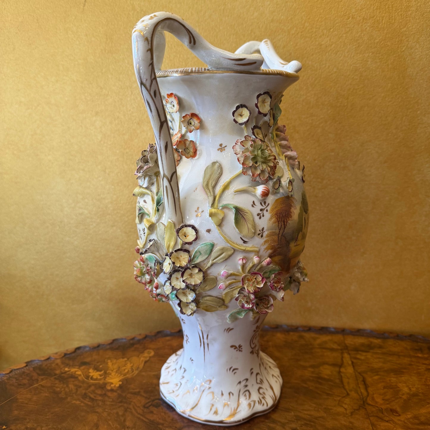 Antique Large Applied Flowers Hand-Painted Scene Twin Handles Vase Lid