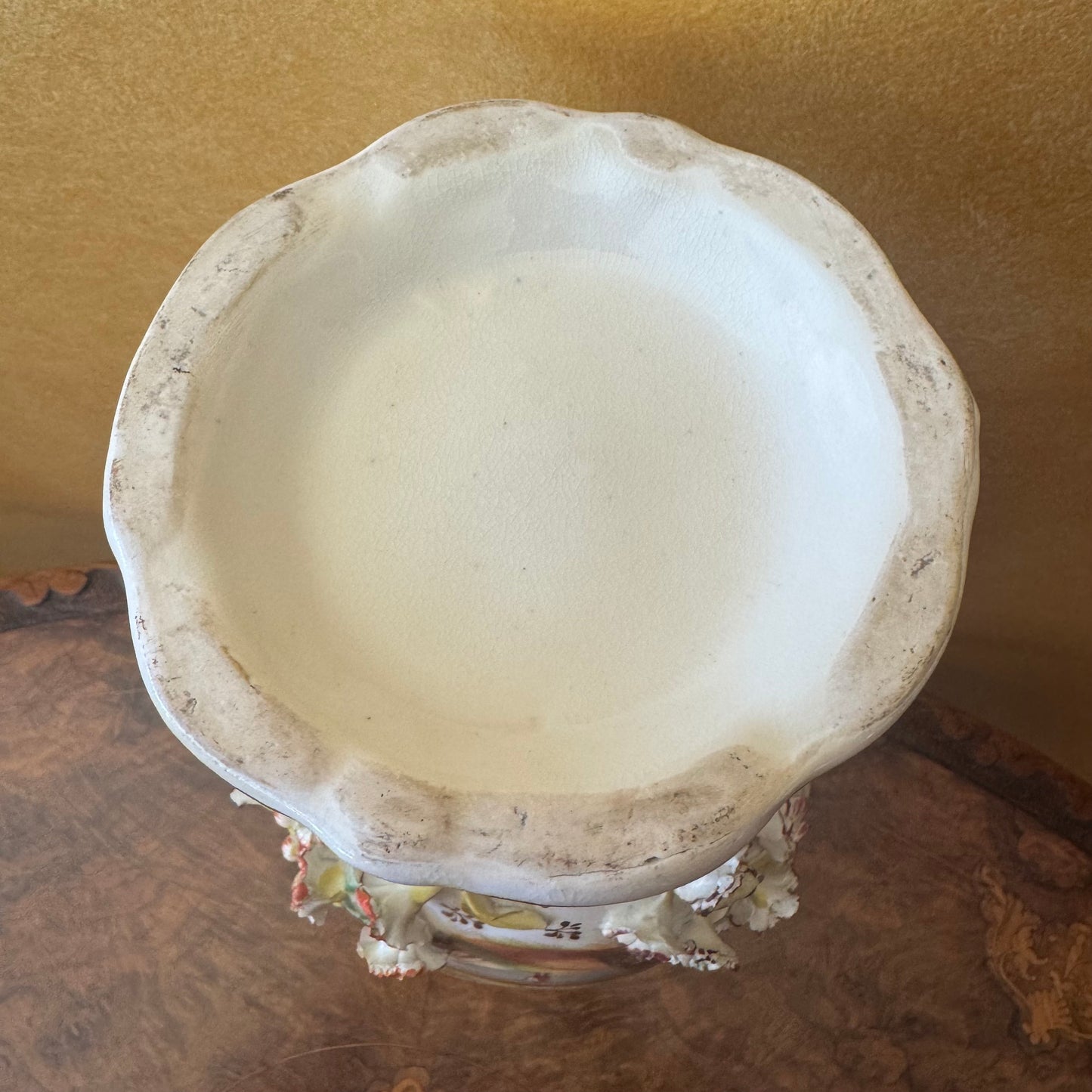 Antique Large Applied Flowers Hand-Painted Scene Twin Handles Vase Lid
