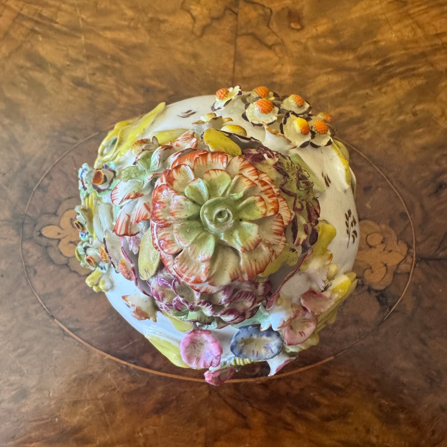 Antique Large Applied Flowers Hand-Painted Scene Twin Handles Vase Lid