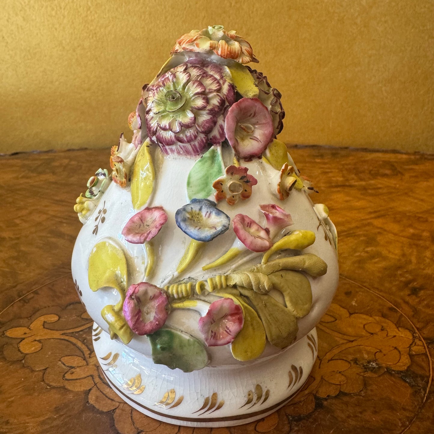 Antique Large Applied Flowers Hand-Painted Scene Twin Handles Vase Lid