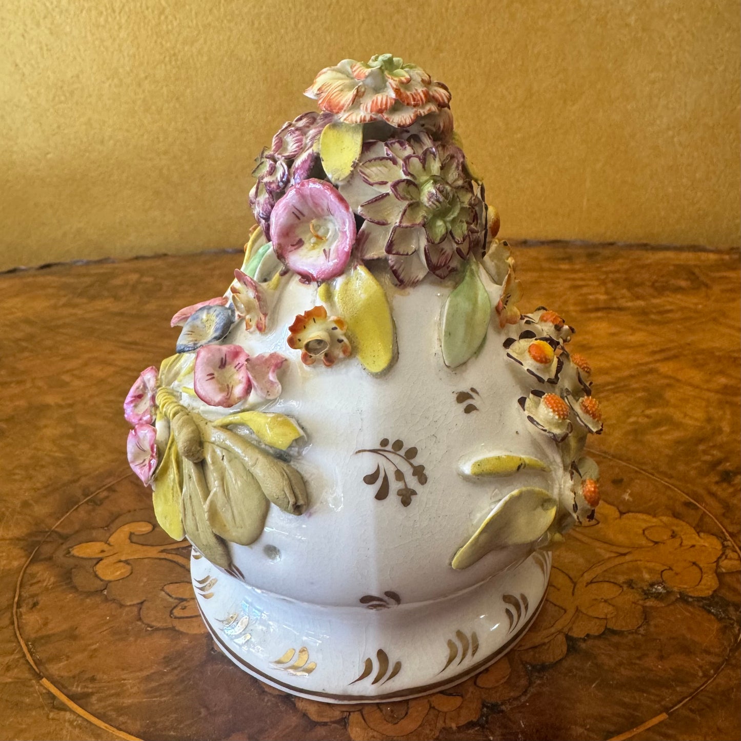 Antique Large Applied Flowers Hand-Painted Scene Twin Handles Vase Lid