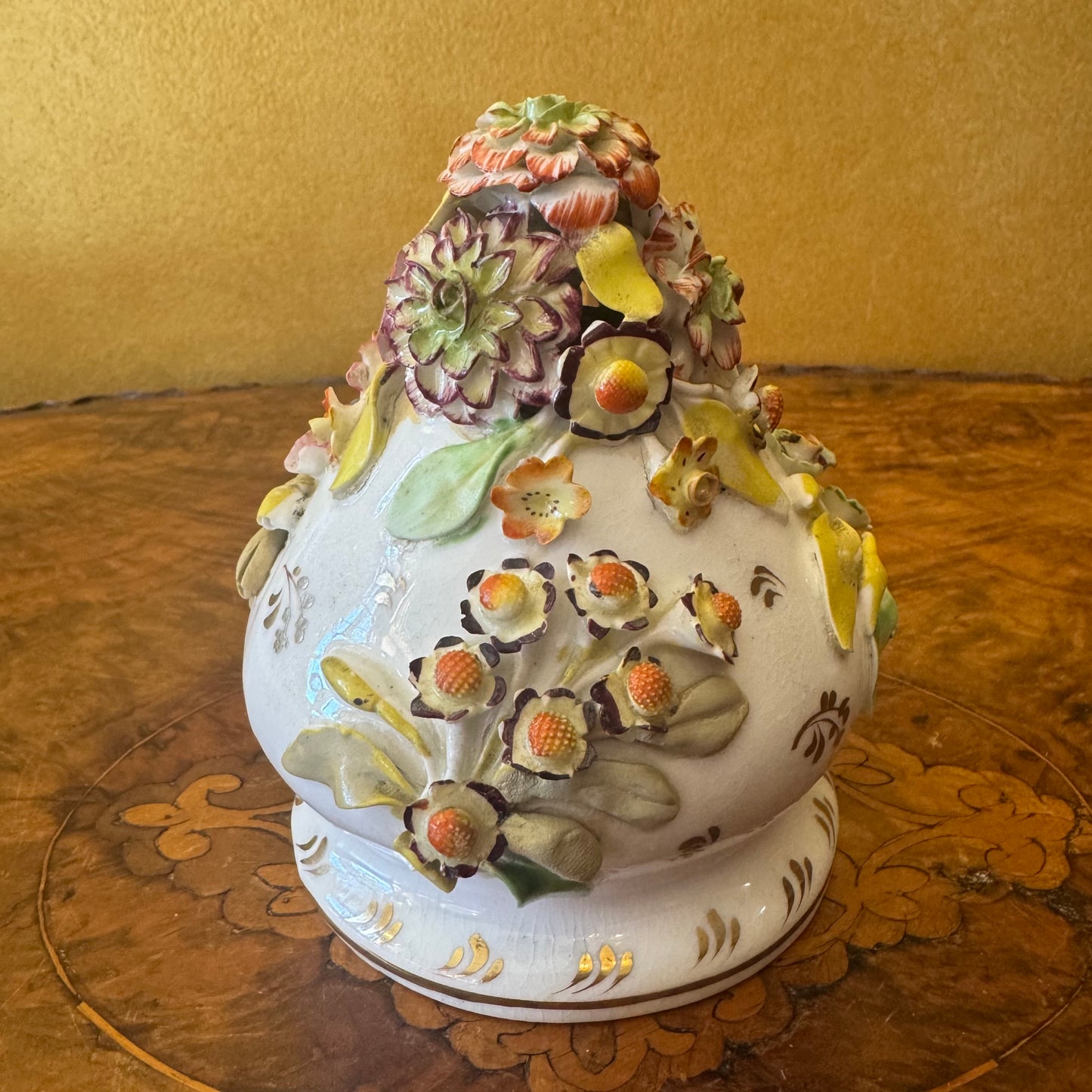 Antique Large Applied Flowers Hand-Painted Scene Twin Handles Vase Lid