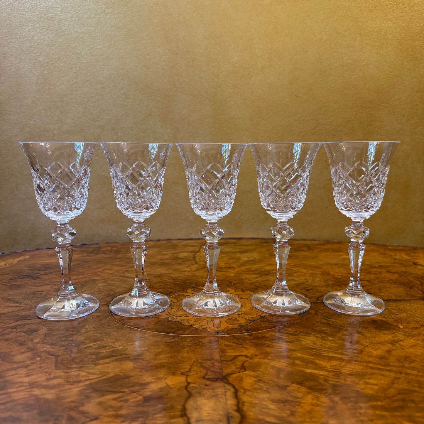 Vintage Crystal Diamond Cut Port Sherry Glasses Set Of Five