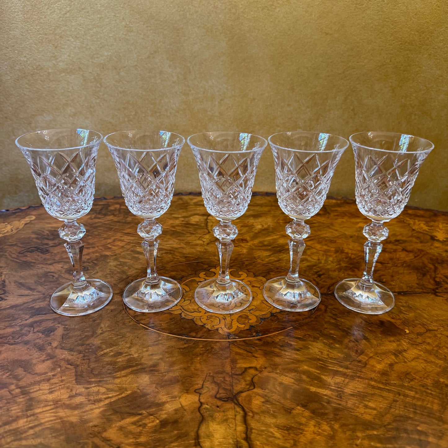 Vintage Crystal Diamond Cut Port Sherry Glasses Set Of Five