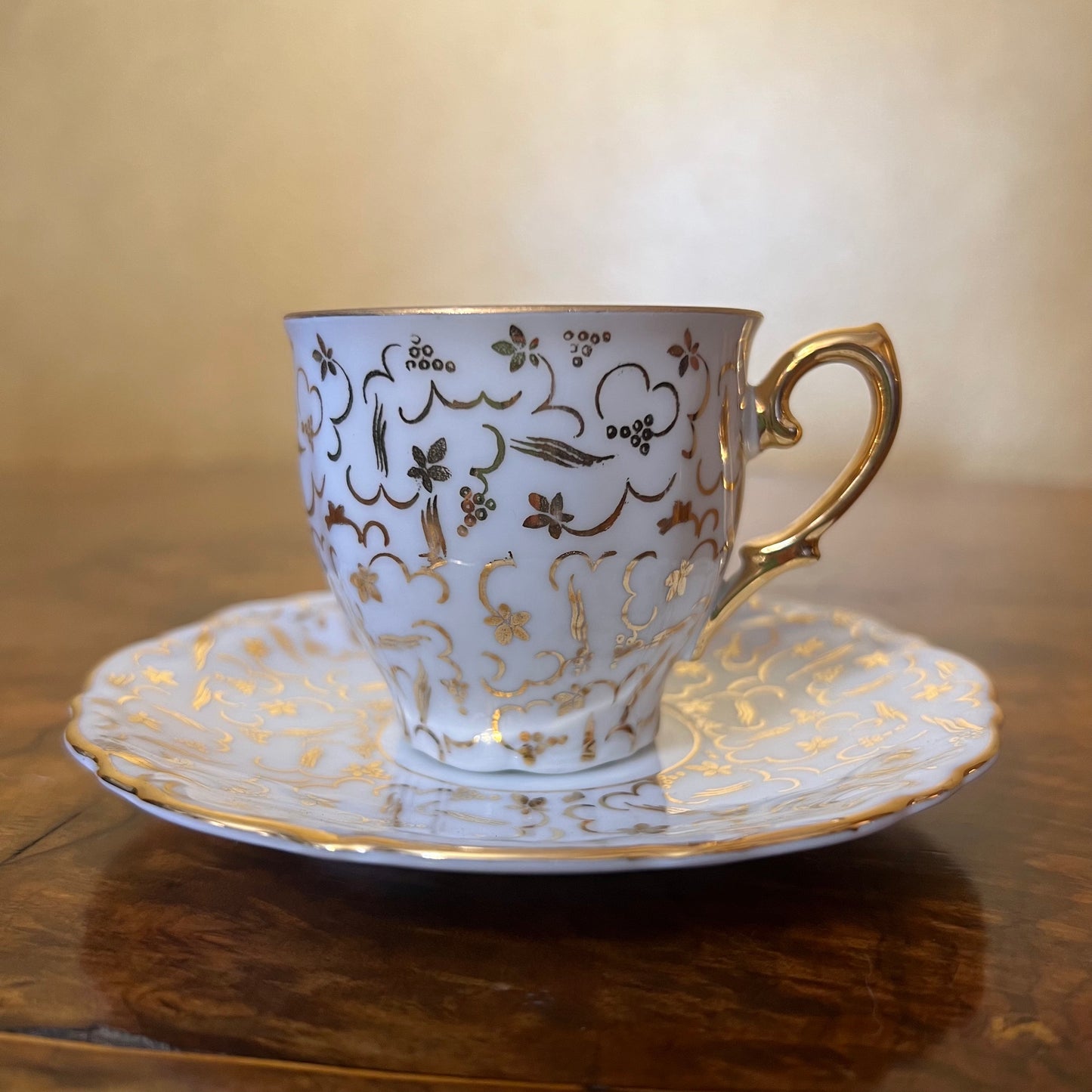 Vintage Victoria German Gold Floral Coffee Cup & Saucer 12 Piece Set