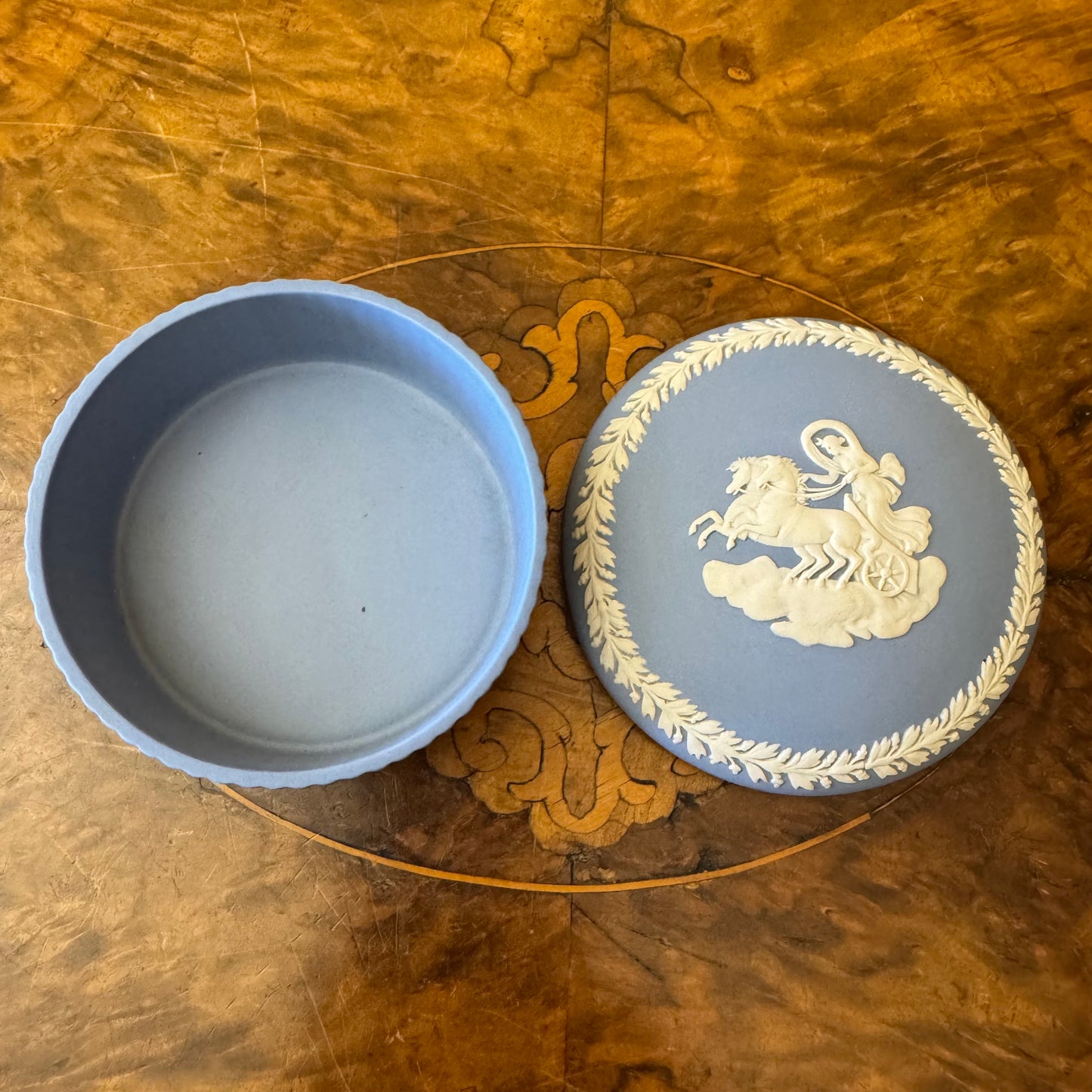 Vintage Wedgwood Blue Jasperwear Horse Carriage Trinket Box