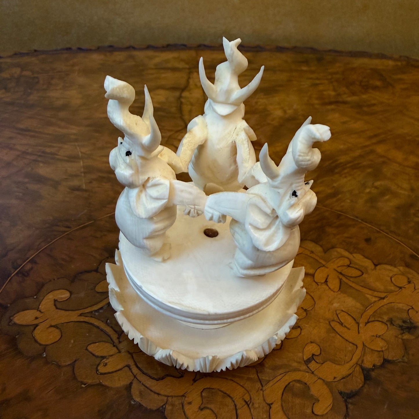 Vintage Chinese Ivory Elephants Holding A Puzzle Ball