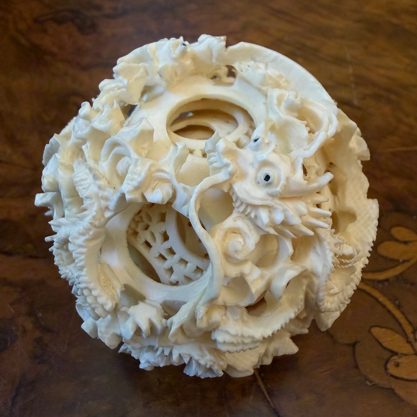 Vintage Chinese Ivory Elephants Holding A Puzzle Ball