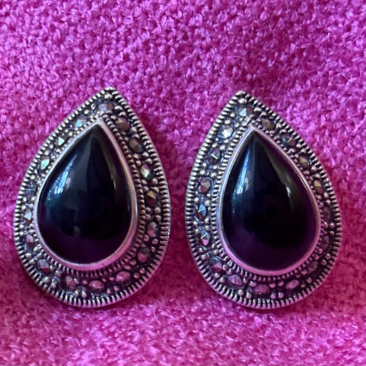 Vintage Sterling Silver Marcasite Black Onyx Style Earrings