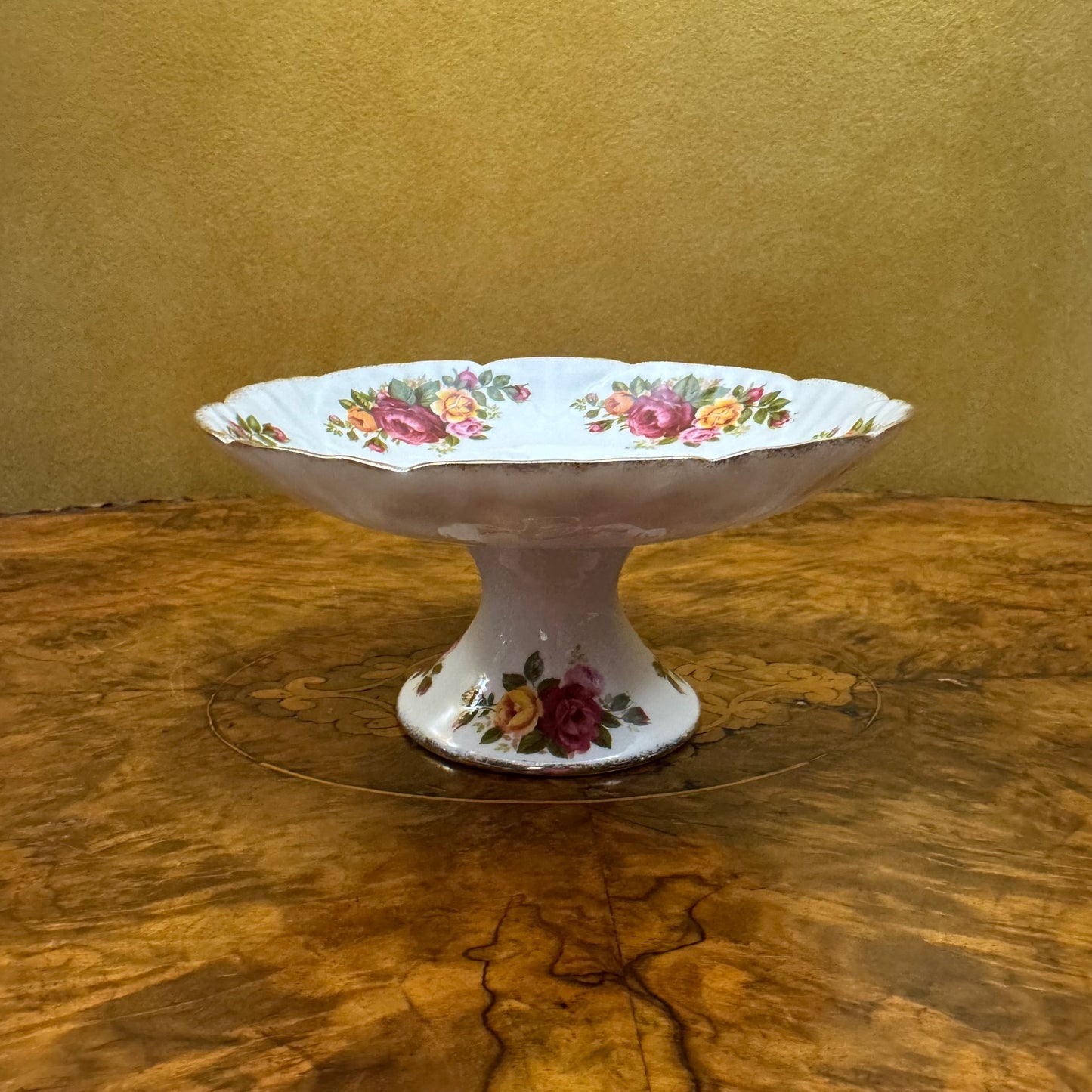 Cottage Rose Floral Print Display Dish On Stand
