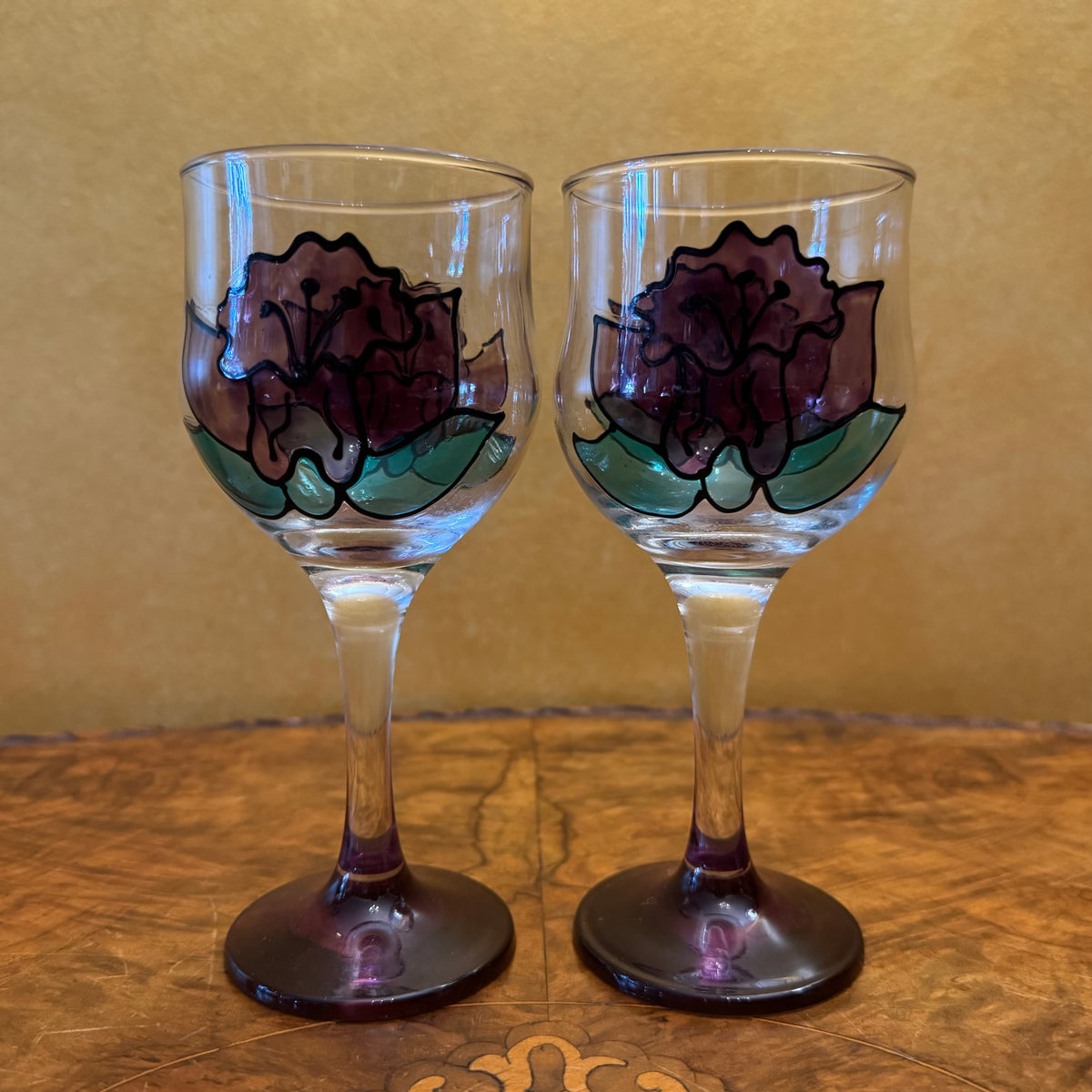Hand-Painted Wine Glasses Pair