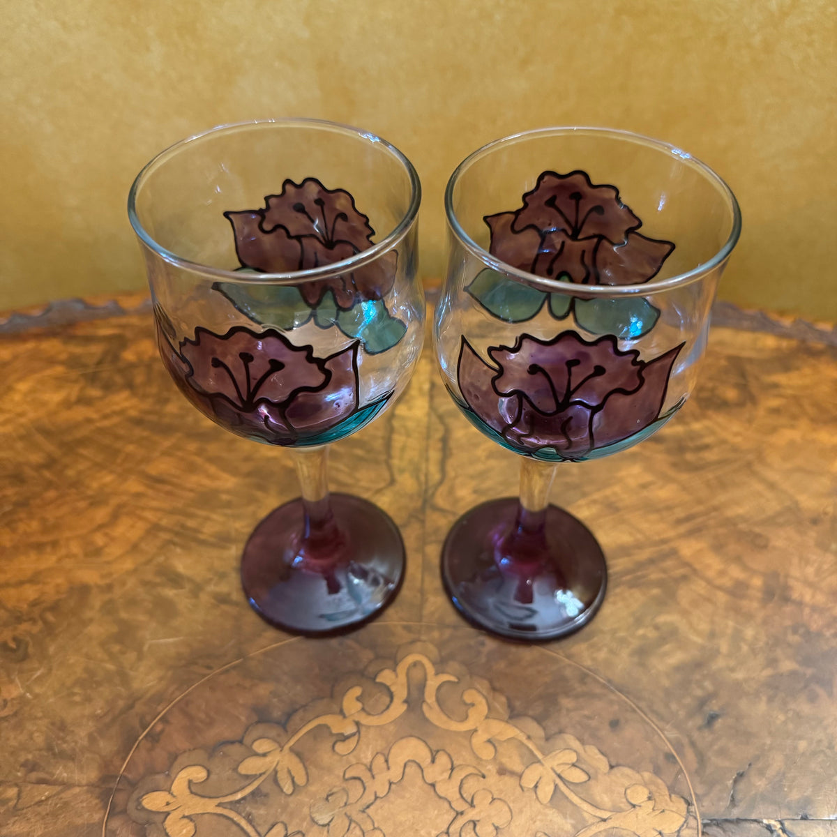Hand-Painted Wine Glasses Pair