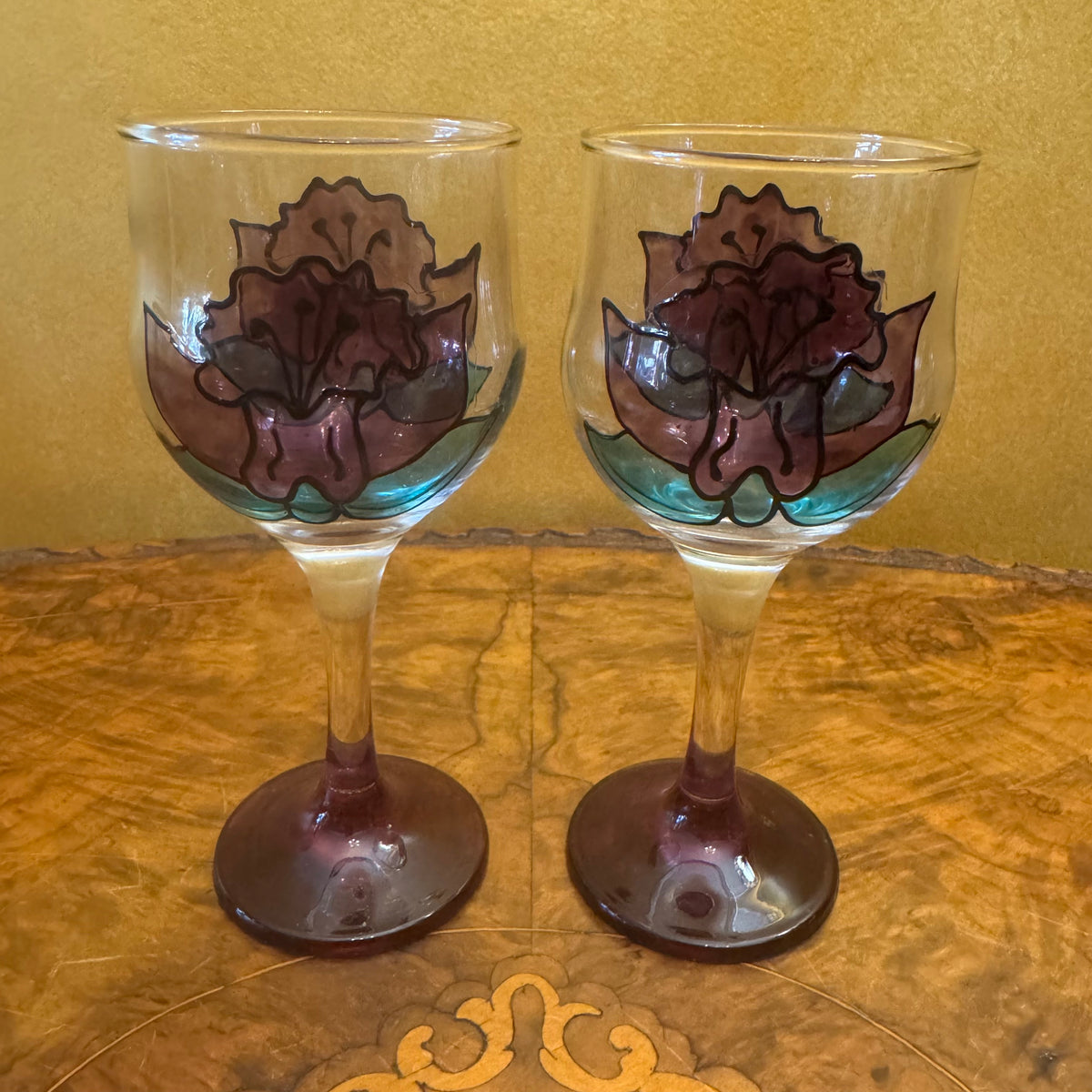 Hand-Painted Wine Glasses Pair