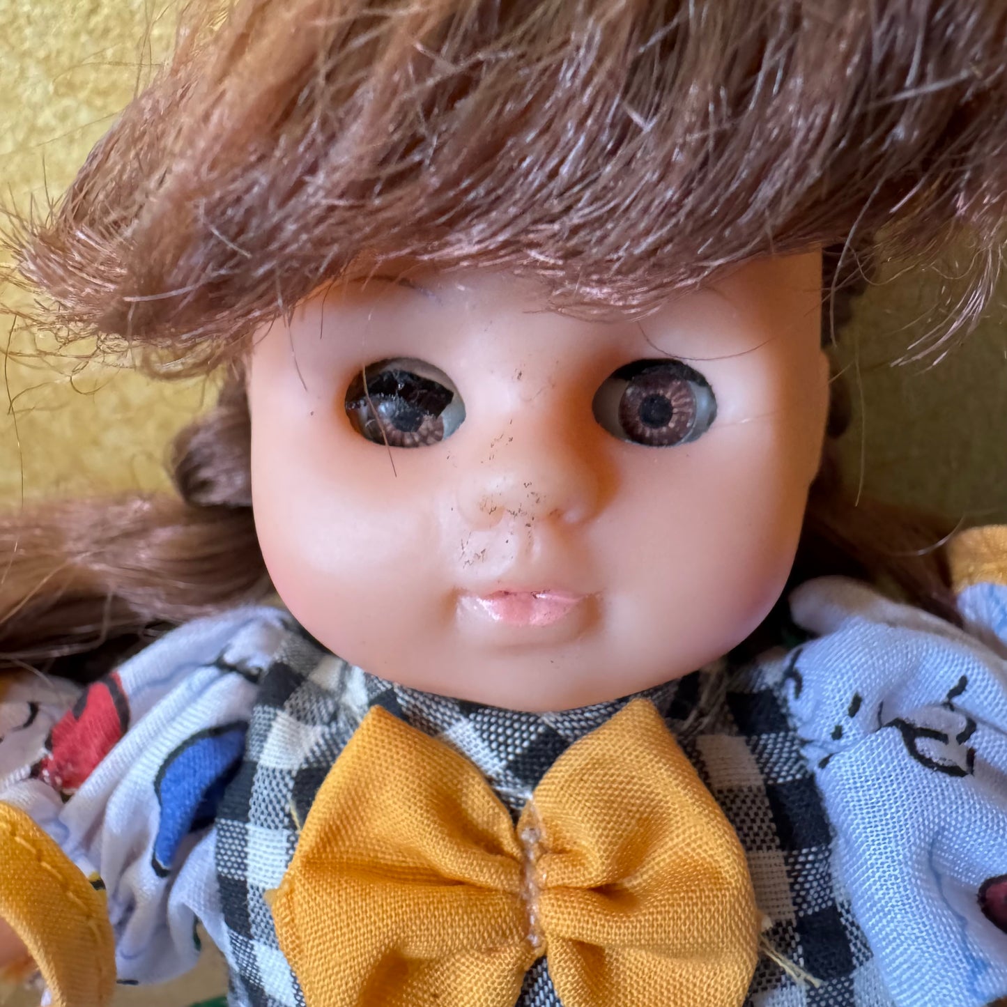 Vintage Yellow Suite Brown Hair Small Doll