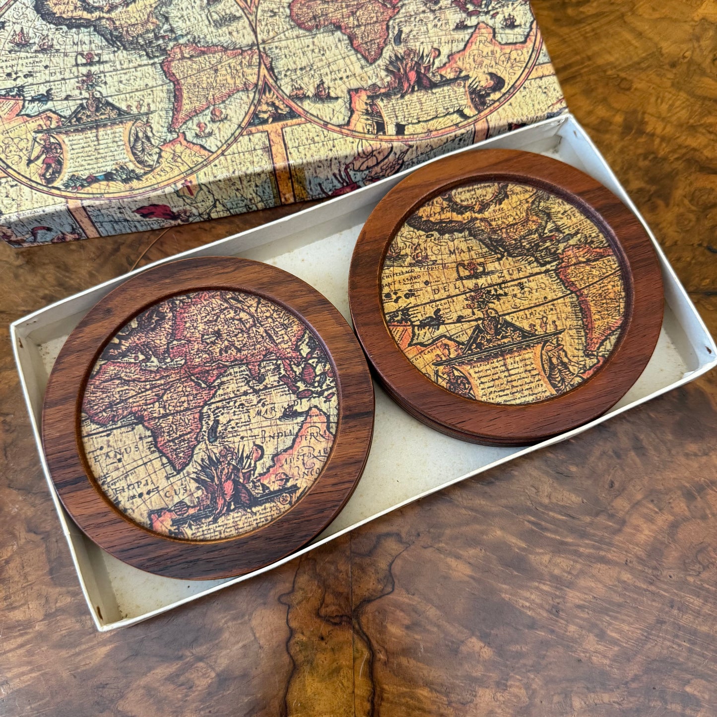 Vintage Rosewood World Map Coaster Set Of Six